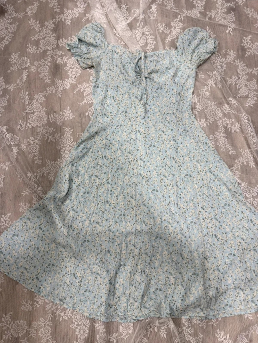 summer blue flowy dress with flowers and front tie